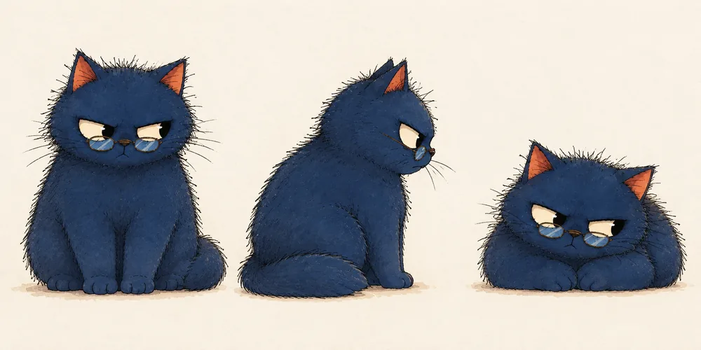 The round blue cat in wire glasses, sitting and in profile