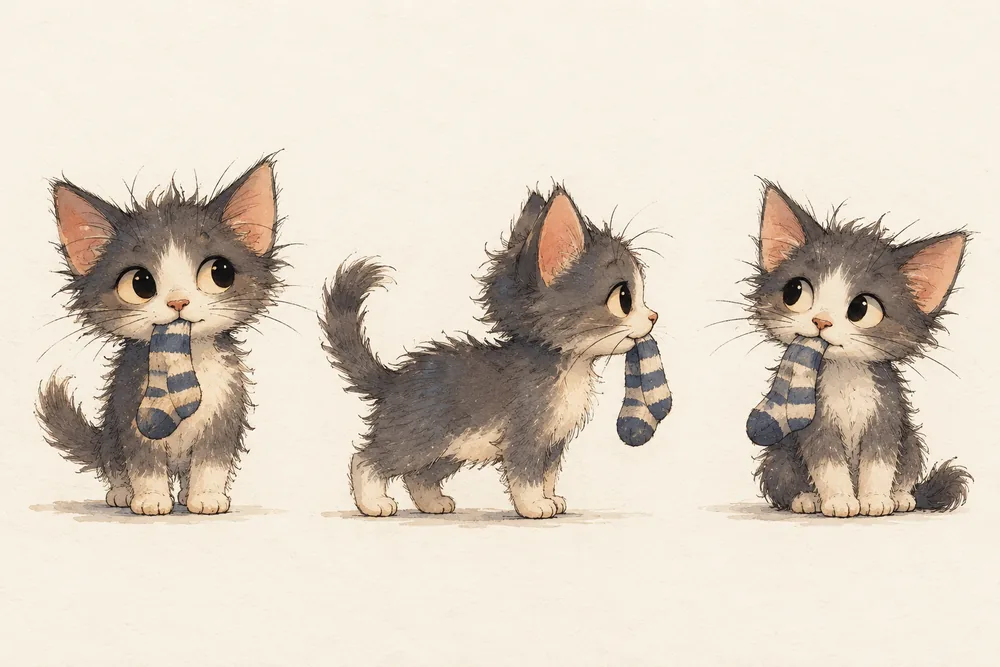 The small grey and white kitten carrying a striped sock