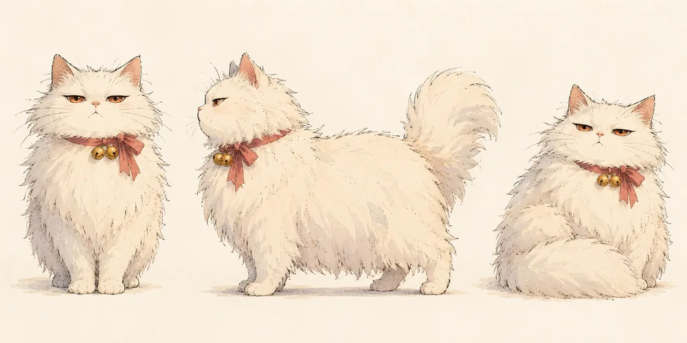 The fluffy white cat with a red ribbon and two brass bells, sitting and in profile