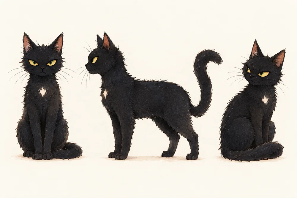 The black cat with yellow eyes and a white chest patch, sitting and standing in profile