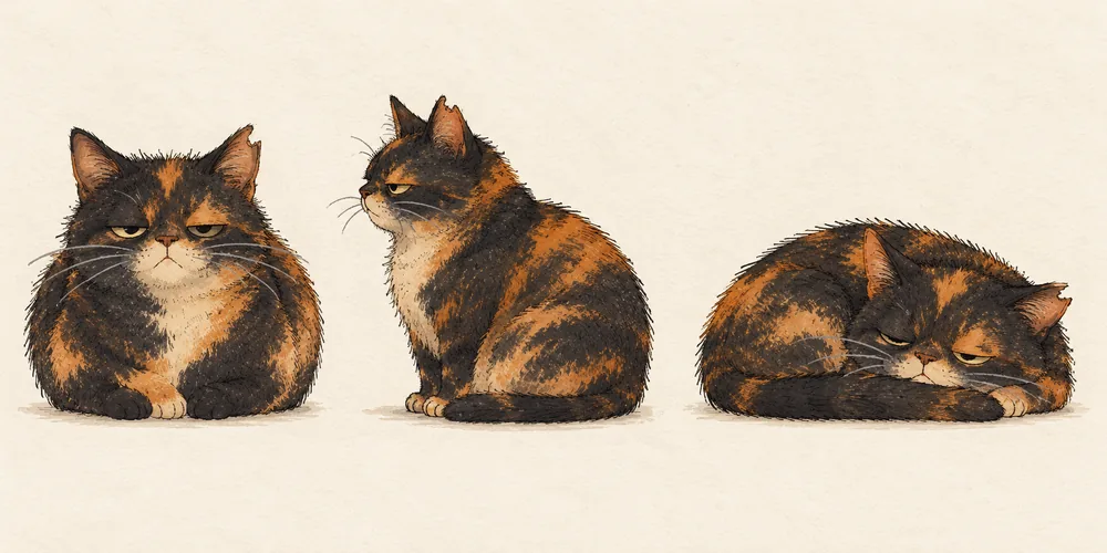 The round tortoiseshell cat with a notched ear, sitting and curled up